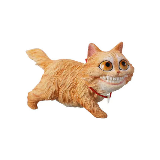 A highly detailed grinning cat resin figurine with expressive eyes, textured fur, and a wide smile. This unique decorative sculpture includes a bone pendant necklace and serves as a quirky, surreal home decor piece or collectible item for cat lovers and fantasy art fans.