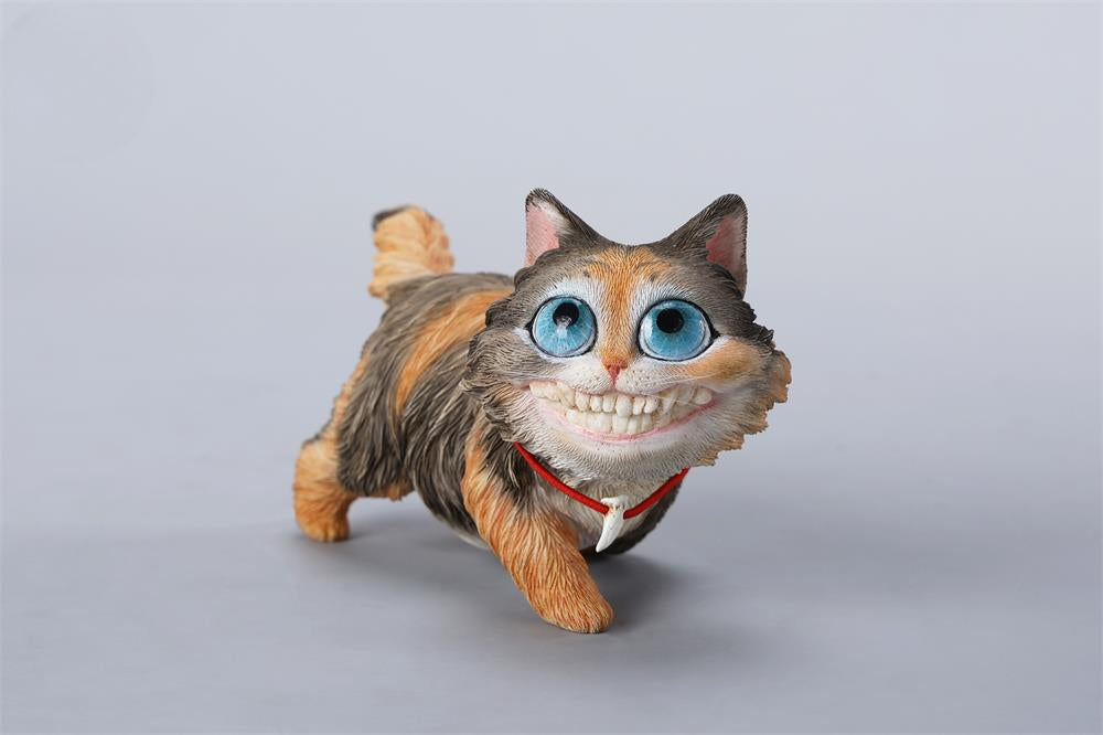 A highly detailed grinning cat resin figurine with expressive eyes, textured fur, and a wide smile. This unique decorative sculpture includes a bone pendant necklace and serves as a quirky, surreal home decor piece or collectible item for cat lovers and fantasy art fans.