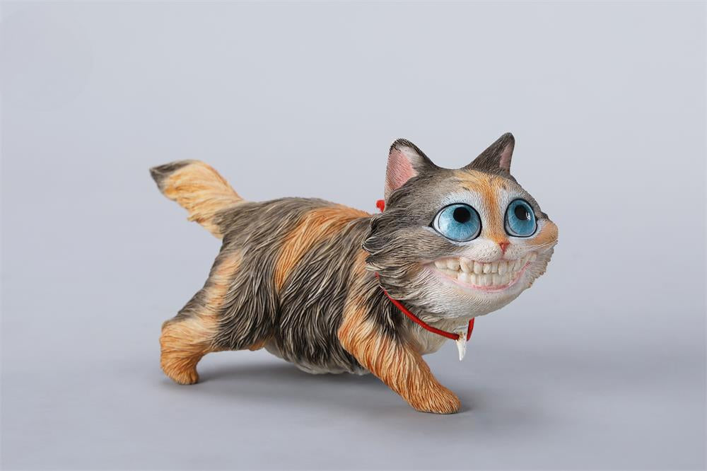 A highly detailed grinning cat resin figurine with expressive eyes, textured fur, and a wide smile. This unique decorative sculpture includes a bone pendant necklace and serves as a quirky, surreal home decor piece or collectible item for cat lovers and fantasy art fans.