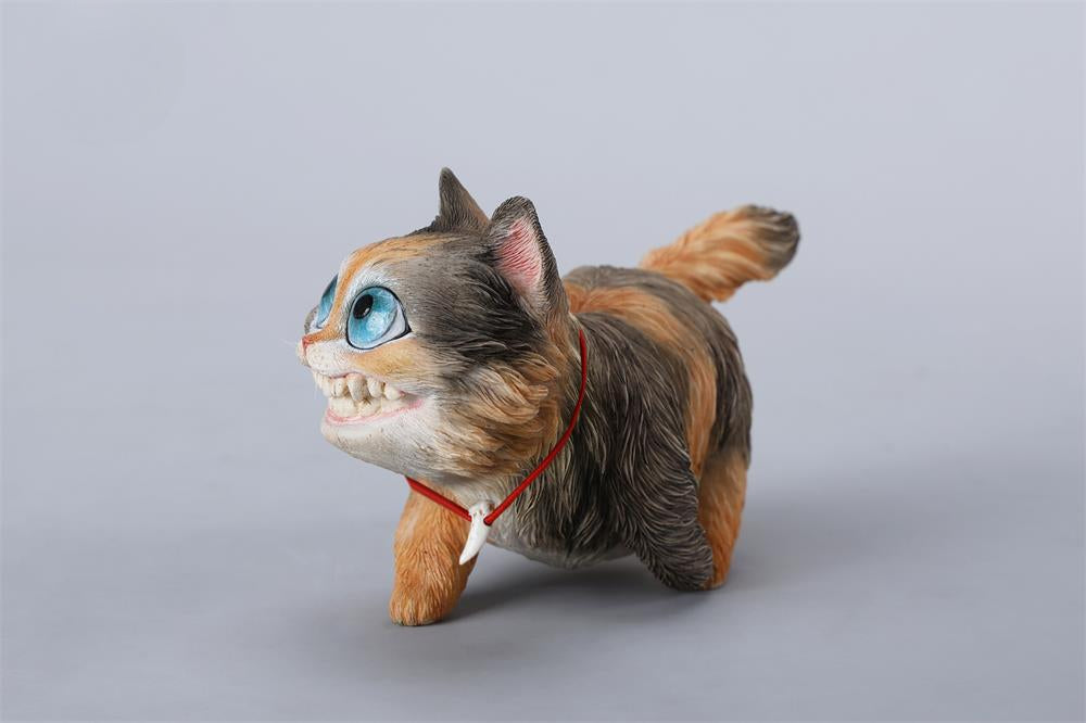 A highly detailed grinning cat resin figurine with expressive eyes, textured fur, and a wide smile. This unique decorative sculpture includes a bone pendant necklace and serves as a quirky, surreal home decor piece or collectible item for cat lovers and fantasy art fans.