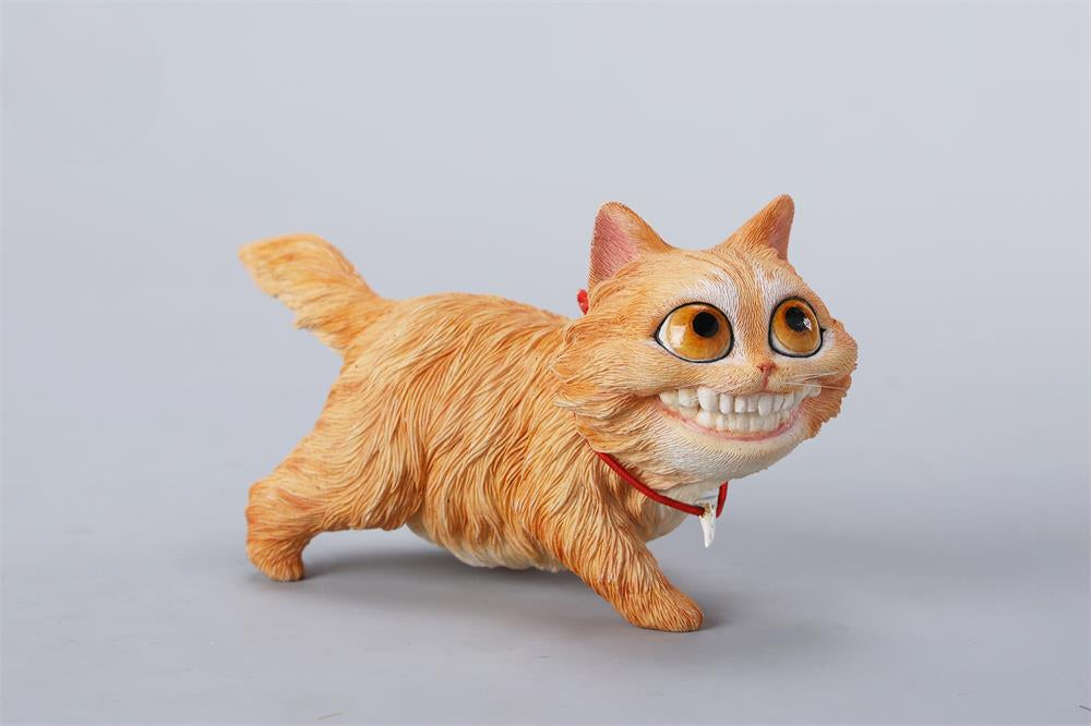 A highly detailed grinning cat resin figurine with expressive eyes, textured fur, and a wide smile. This unique decorative sculpture includes a bone pendant necklace and serves as a quirky, surreal home decor piece or collectible item for cat lovers and fantasy art fans.