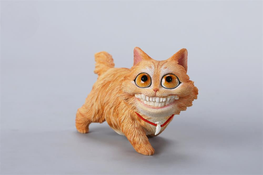 A highly detailed grinning cat resin figurine with expressive eyes, textured fur, and a wide smile. This unique decorative sculpture includes a bone pendant necklace and serves as a quirky, surreal home decor piece or collectible item for cat lovers and fantasy art fans.