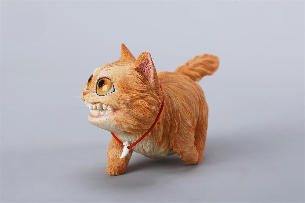 A highly detailed grinning cat resin figurine with expressive eyes, textured fur, and a wide smile. This unique decorative sculpture includes a bone pendant necklace and serves as a quirky, surreal home decor piece or collectible item for cat lovers and fantasy art fans.
