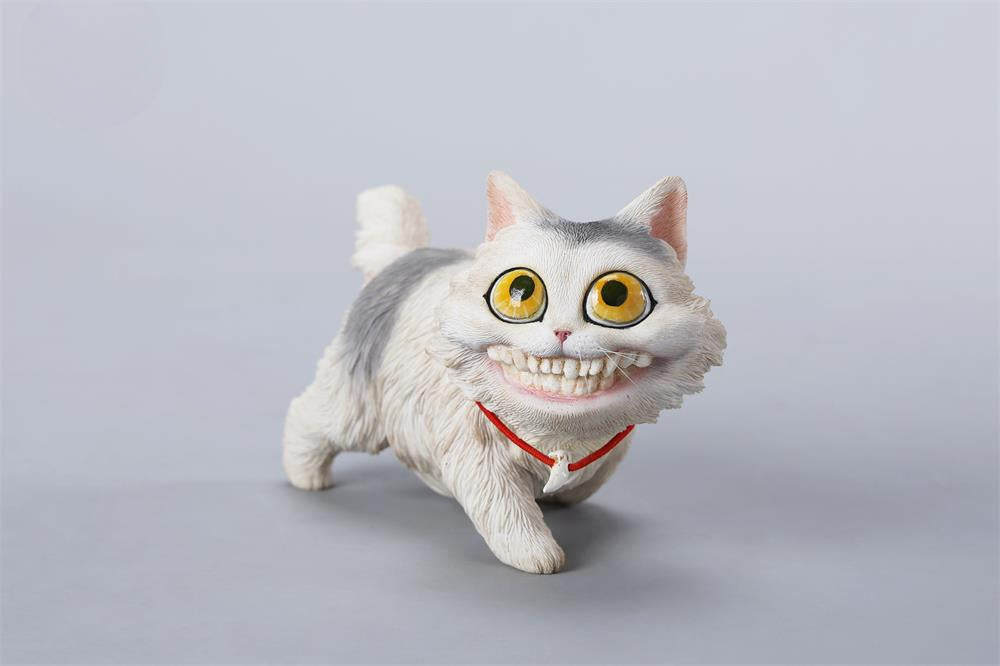 A highly detailed grinning cat resin figurine with expressive eyes, textured fur, and a wide smile. This unique decorative sculpture includes a bone pendant necklace and serves as a quirky, surreal home decor piece or collectible item for cat lovers and fantasy art fans.