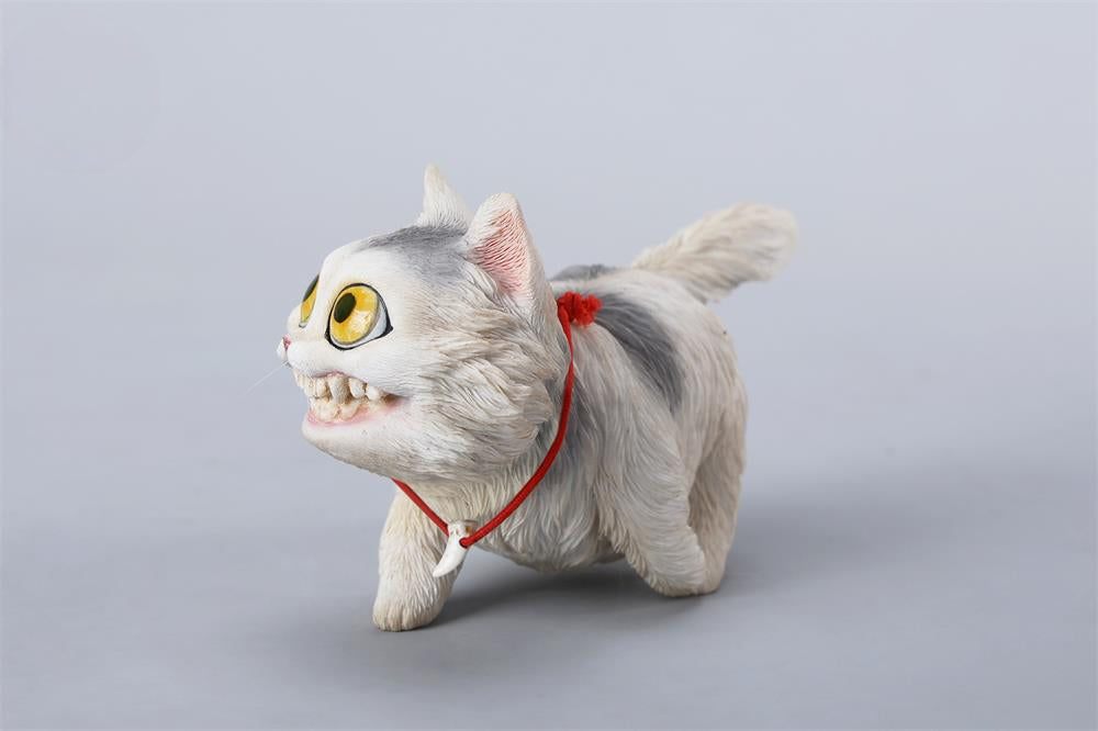 A highly detailed grinning cat resin figurine with expressive eyes, textured fur, and a wide smile. This unique decorative sculpture includes a bone pendant necklace and serves as a quirky, surreal home decor piece or collectible item for cat lovers and fantasy art fans.