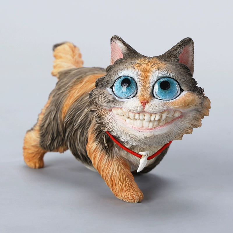A highly detailed grinning cat resin figurine with expressive eyes, textured fur, and a wide smile. This unique decorative sculpture includes a bone pendant necklace and serves as a quirky, surreal home decor piece or collectible item for cat lovers and fantasy art fans.