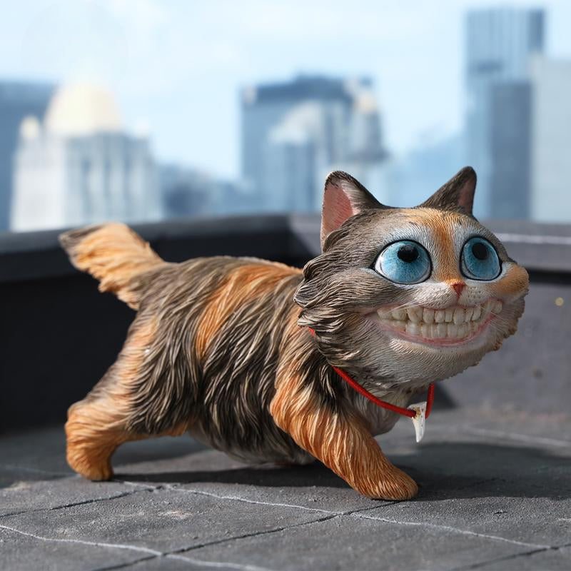 A highly detailed grinning cat resin figurine with expressive eyes, textured fur, and a wide smile. This unique decorative sculpture includes a bone pendant necklace and serves as a quirky, surreal home decor piece or collectible item for cat lovers and fantasy art fans.