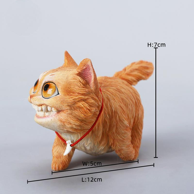 A highly detailed grinning cat resin figurine with expressive eyes, textured fur, and a wide smile. This unique decorative sculpture includes a bone pendant necklace and serves as a quirky, surreal home decor piece or collectible item for cat lovers and fantasy art fans.