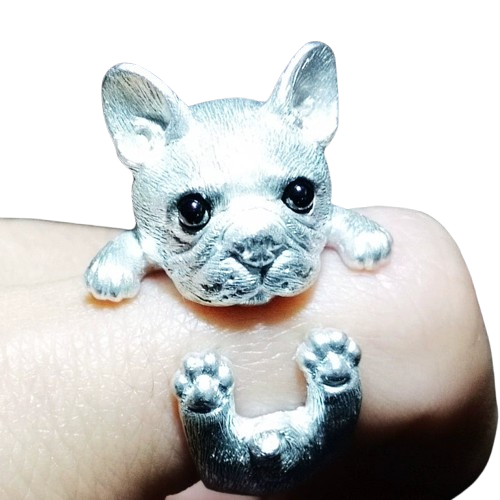 Hand-carved French Bulldog ring made from 925 sterling silver, featuring detailed features and gemstone-set eyes, perfect for dog lovers and pet memorials.