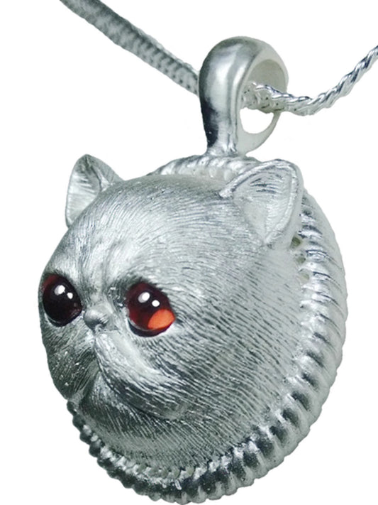 This is a Handcrafted Garfield Cat Pendant made from 925 sterling silver, designed as a personalized memorial jewelry piece. The pendant features a Garfield-inspired cat with gemstone eyes in various colors. Each piece is handcrafted, resulting in slight variations in color and size, making it unique. This pendant is also customizable with engraving to commemorate your pet.