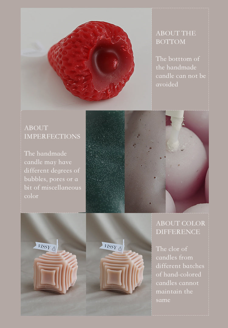 A collage highlighting the characteristics of handmade candles, including variations in bubbles, pores, and colors. Each section explains the natural imperfections and uniqueness of each candle.

