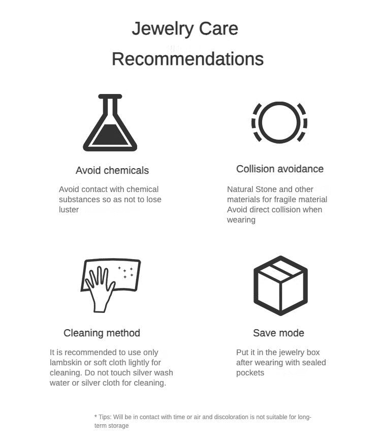 Guidelines for jewelry care including avoiding chemicals, collision avoidance, cleaning methods, and proper storage. The image provides essential tips to maintain the luster and longevity of custom jewelry pieces.