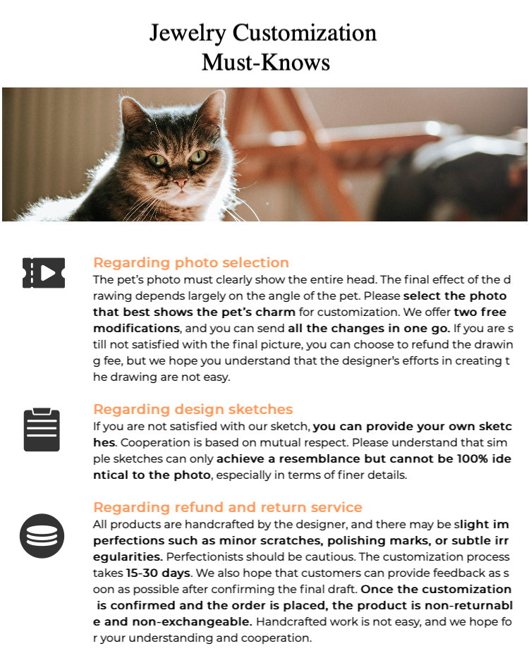 Important information regarding jewelry customization, including photo selection tips, design sketch guidelines, and refund and return policies. The image advises customers on how to ensure the best results for their custom pet jewelry.