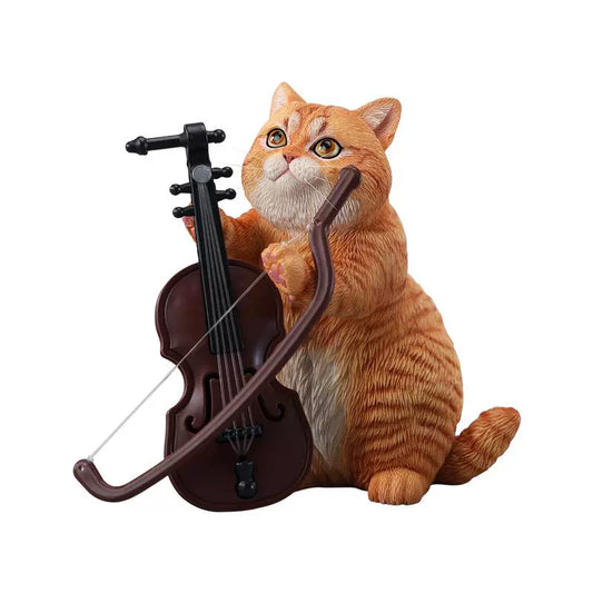 A lifelike string-playing cat figurine crafted from resin, featuring a realistic cat with expressive eyes playing a violin. The sculpture showcases intricate fur details and a beautifully designed musical instrument, making it an excellent collectible or home decor piece for cat lovers and music enthusiasts.