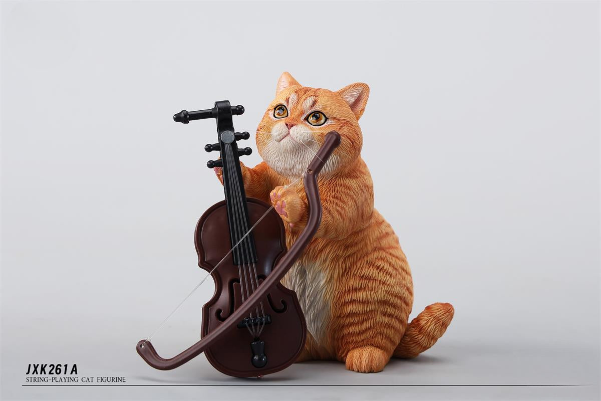 A lifelike string-playing cat figurine crafted from resin, featuring a realistic cat with expressive eyes playing a violin. The sculpture showcases intricate fur details and a beautifully designed musical instrument, making it an excellent collectible or home decor piece for cat lovers and music enthusiasts.