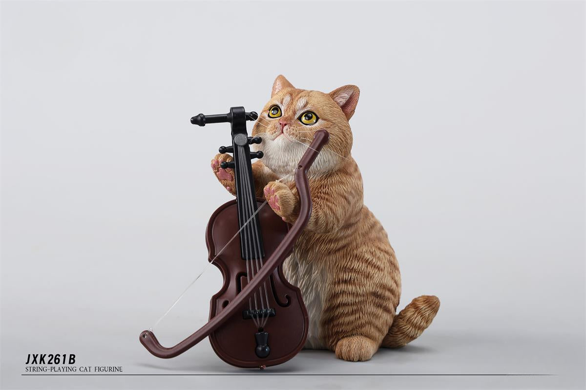 A lifelike string-playing cat figurine crafted from resin, featuring a realistic cat with expressive eyes playing a violin. The sculpture showcases intricate fur details and a beautifully designed musical instrument, making it an excellent collectible or home decor piece for cat lovers and music enthusiasts.