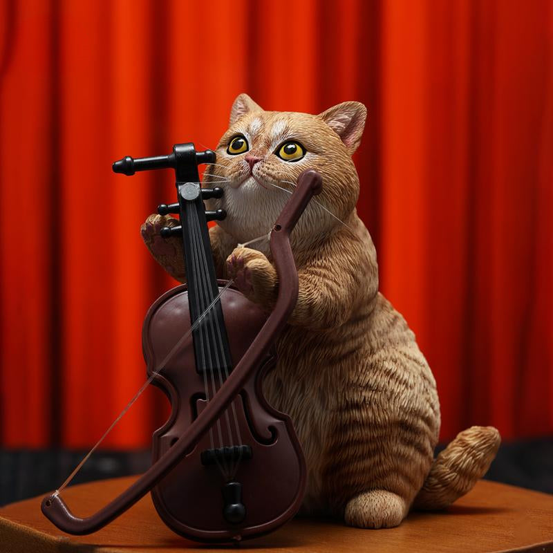 A lifelike string-playing cat figurine crafted from resin, featuring a realistic cat with expressive eyes playing a violin. The sculpture showcases intricate fur details and a beautifully designed musical instrument, making it an excellent collectible or home decor piece for cat lovers and music enthusiasts.