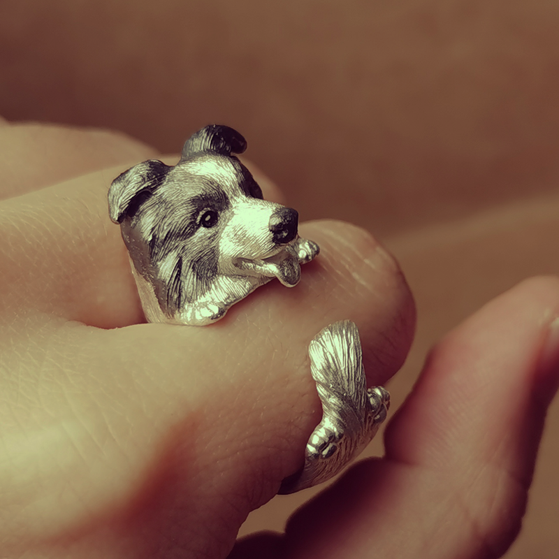 Hand-carved Loyal Sheepdog Ring in 925 sterling silver, featuring lifelike details, gemstone eyes, and available in silver or antique black finish. A unique and customizable tribute to your beloved pet.