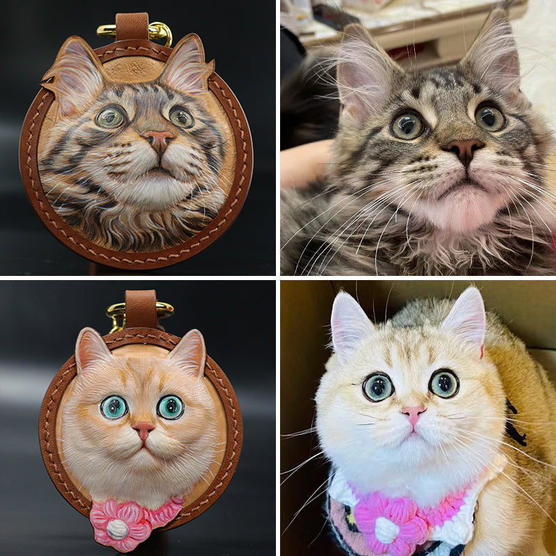 This image displays leather carvings of a Maine Coon and a British Shorthair cat, both rendered with exceptional attention to detail. The Maine Coon is depicted with its characteristic large eyes and fluffy fur, while the British Shorthair is shown with its round face and dense, plush coat. The carvings are set against a rich brown background, enhancing the visual impact and adding a touch of elegance to the pieces. These custom leather carvings make wonderful gifts for cat owners who want to celebrate the >
            </div>
          
            <div class=