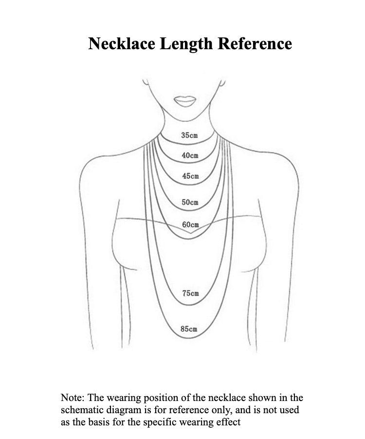 A visual reference guide showing various necklace lengths on a human figure, illustrating how necklaces of different lengths (35cm, 40cm, 45cm, 50cm, 60cm, 75cm, and 85cm) fall on the body. The diagram provides a visual scale for each necklace length, starting from a choker style (35cm) to a long opera length (85cm). A note below the illustration advises that the positions shown are for reference only and should not be used as the basis for the exact wearing effect.