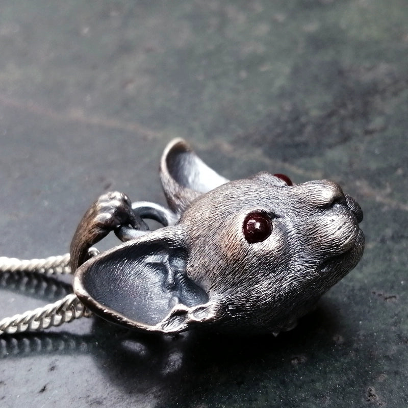 East Short Abbey Cat Pendant - Handcrafted 925 Silver Cat Figurine with Gemstone Eyes.