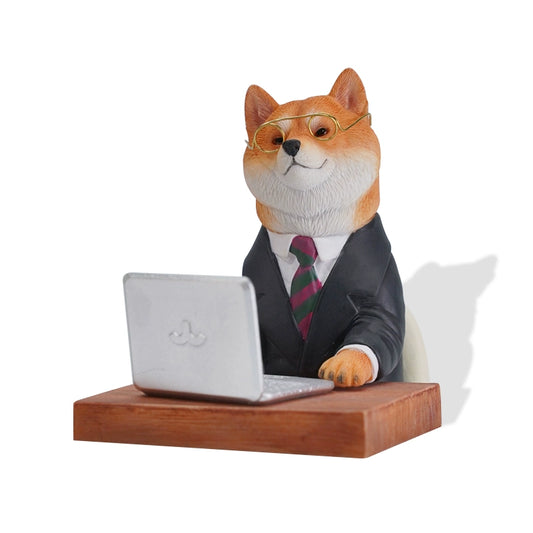 The Overtime Shiba Inu Model is a detailed resin figurine depicting a Shiba Inu dog dressed in a business suit, sitting at a desk with a laptop, complete with tiny glasses. This charming office decor piece captures the essence of a hardworking professional with a playful twist, perfect for adding character to any workspace.





