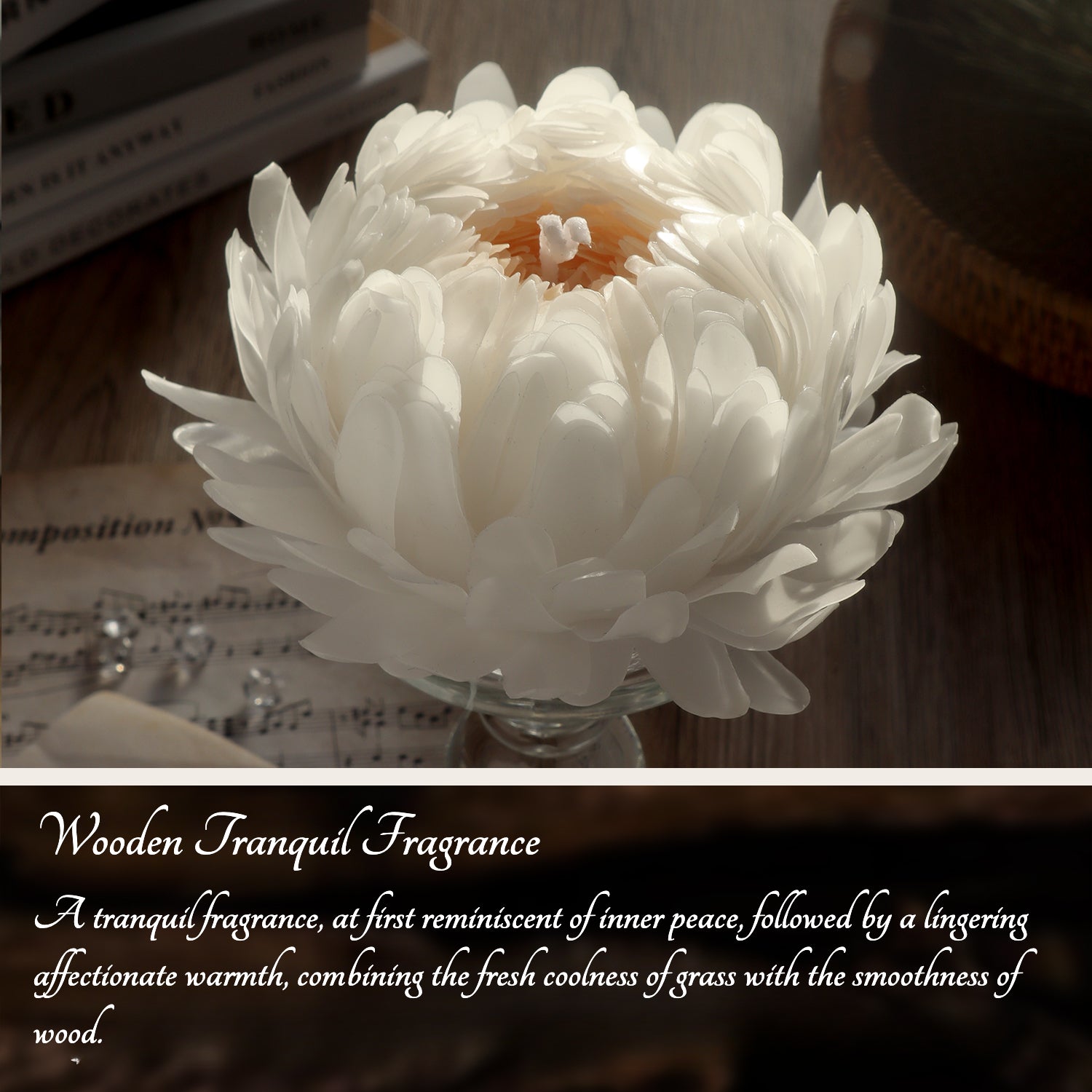 A handmade peony flower candle in an elegant gift box, featuring a delicate design and infused with a soothing peony fragrance, perfect for gifting and creating a relaxing atmosphere in any room. The candle is shown with decorative elements to enhance its aesthetic appeal.