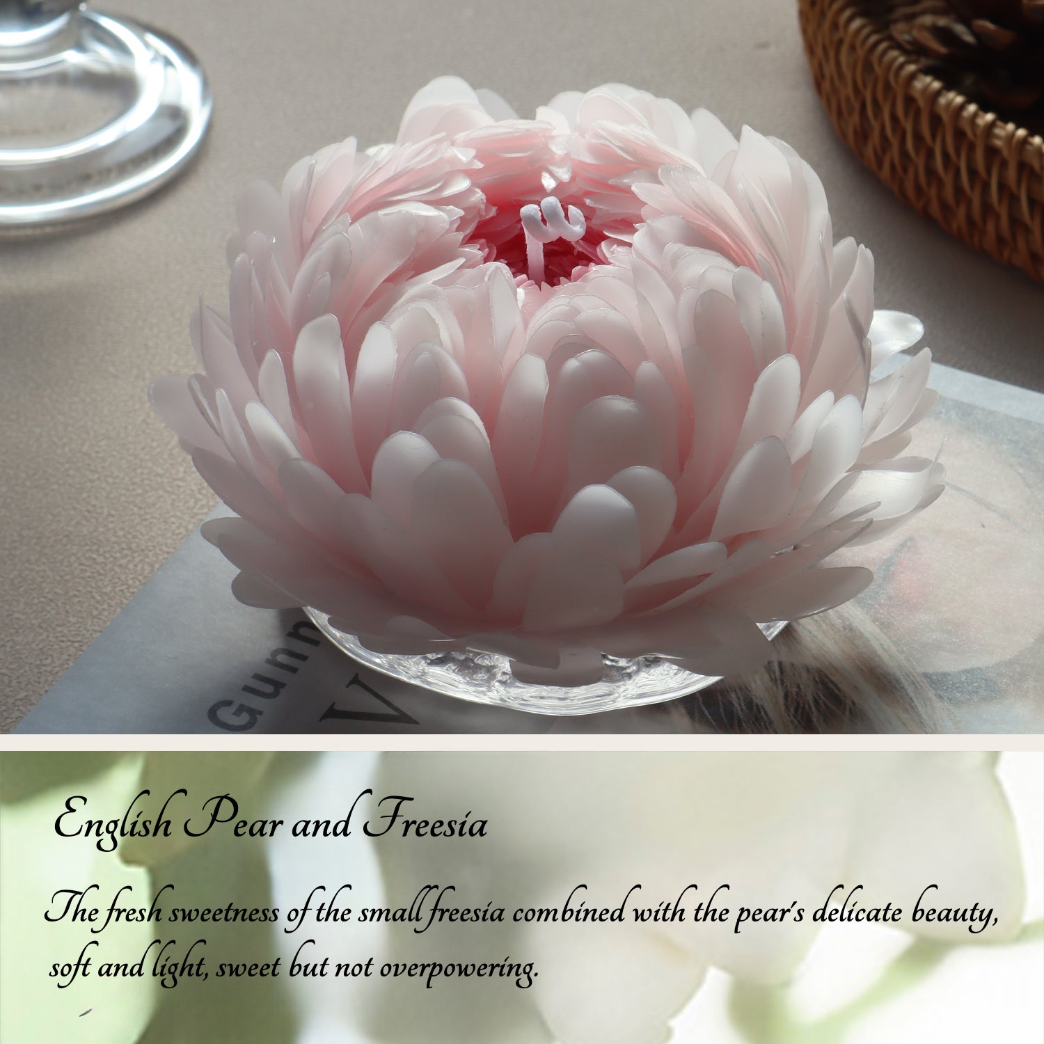 A handmade peony flower candle in an elegant gift box, featuring a delicate design and infused with a soothing peony fragrance, perfect for gifting and creating a relaxing atmosphere in any room. The candle is shown with decorative elements to enhance its aesthetic appeal.