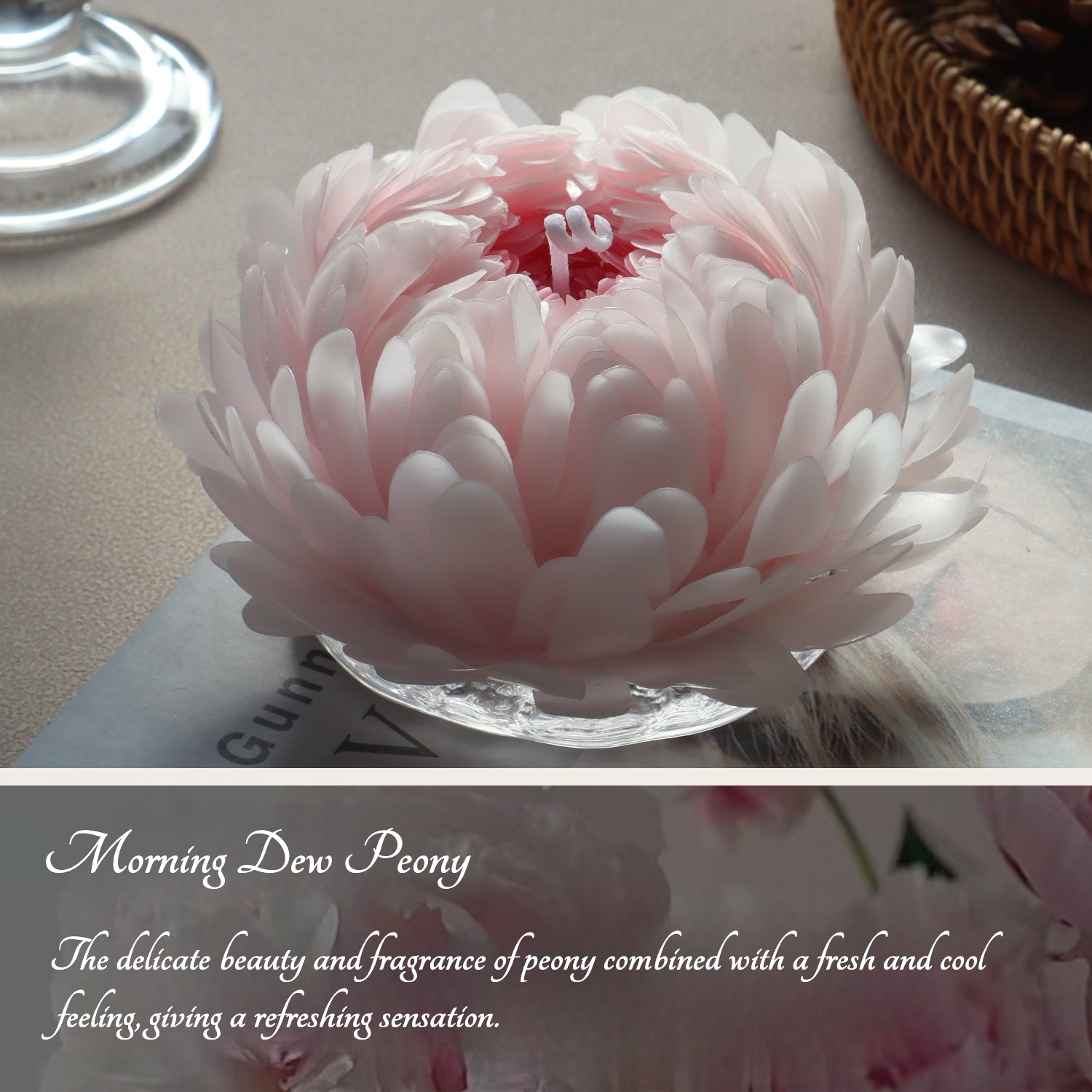 A handmade peony flower candle in an elegant gift box, featuring a delicate design and infused with a soothing peony fragrance, perfect for gifting and creating a relaxing atmosphere in any room. The candle is shown with decorative elements to enhance its aesthetic appeal.