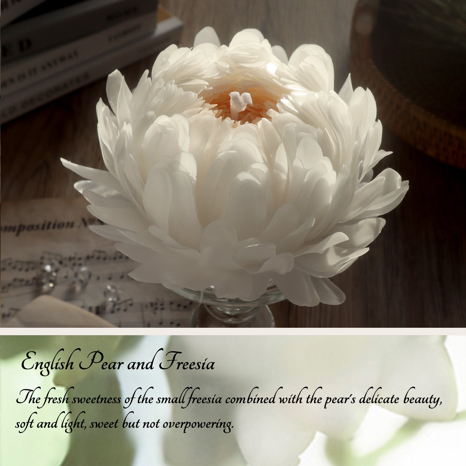 A handmade peony flower candle in an elegant gift box, featuring a delicate design and infused with a soothing peony fragrance, perfect for gifting and creating a relaxing atmosphere in any room. The candle is shown with decorative elements to enhance its aesthetic appeal.