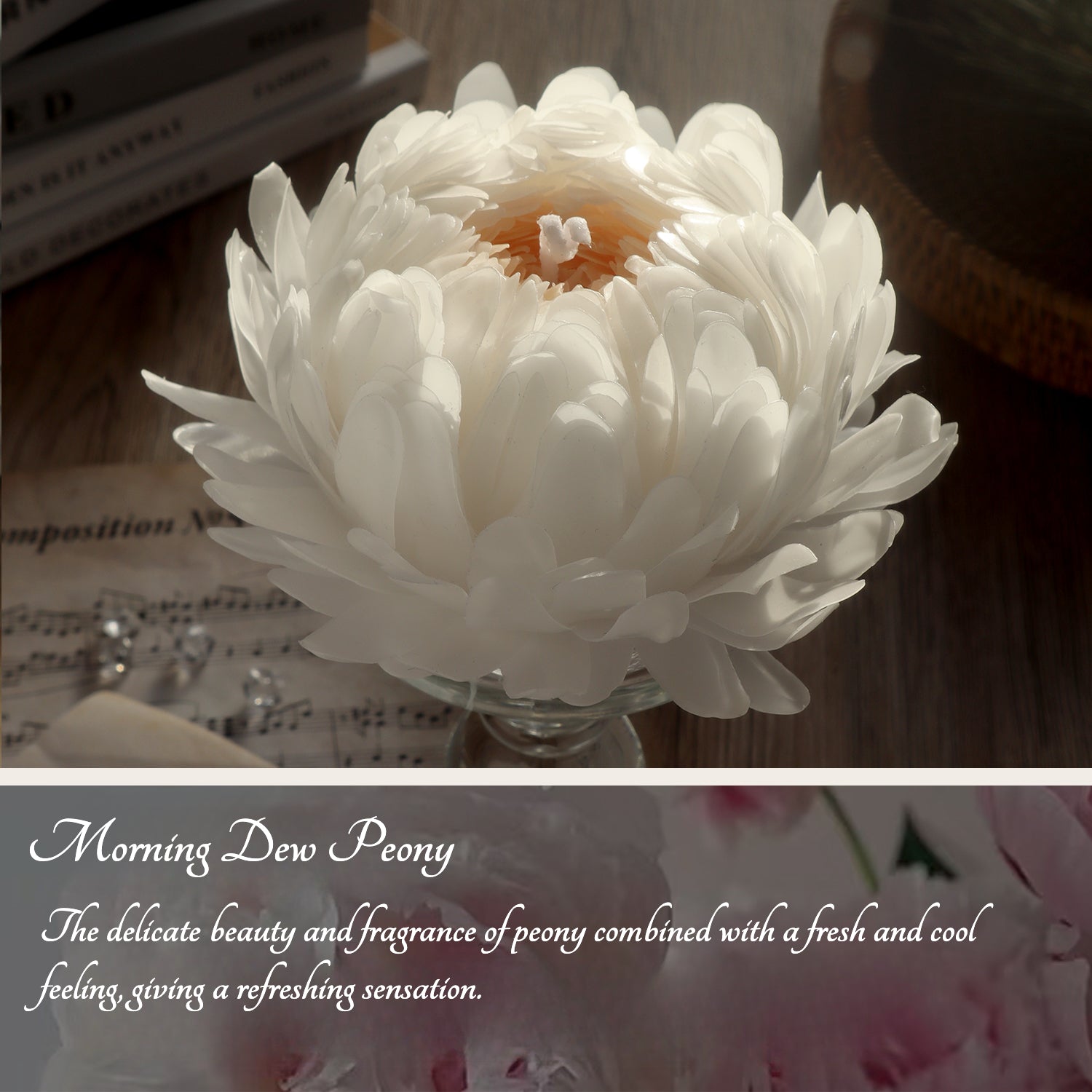 A handmade peony flower candle in an elegant gift box, featuring a delicate design and infused with a soothing peony fragrance, perfect for gifting and creating a relaxing atmosphere in any room. The candle is shown with decorative elements to enhance its aesthetic appeal.