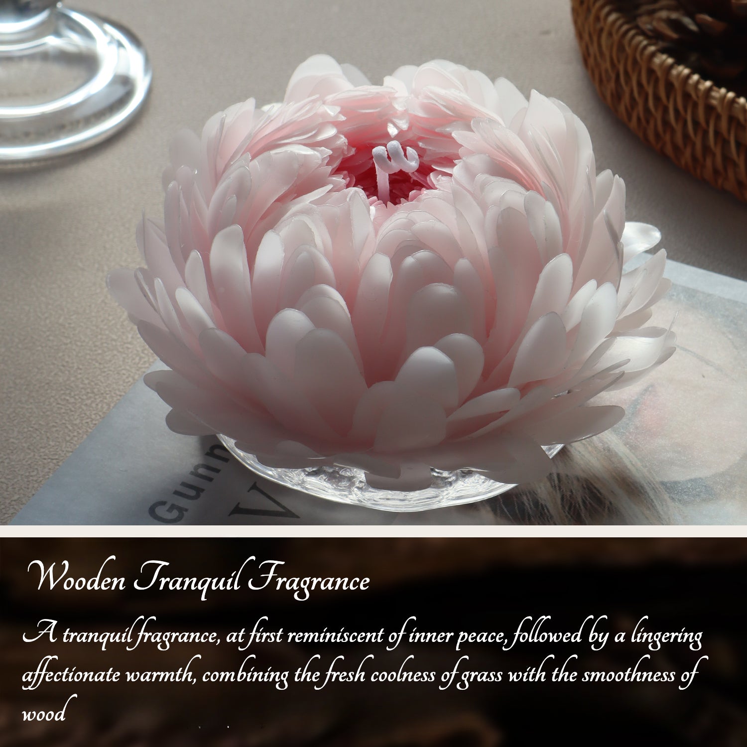 A handmade peony flower candle in an elegant gift box, featuring a delicate design and infused with a soothing peony fragrance, perfect for gifting and creating a relaxing atmosphere in any room. The candle is shown with decorative elements to enhance its aesthetic appeal.