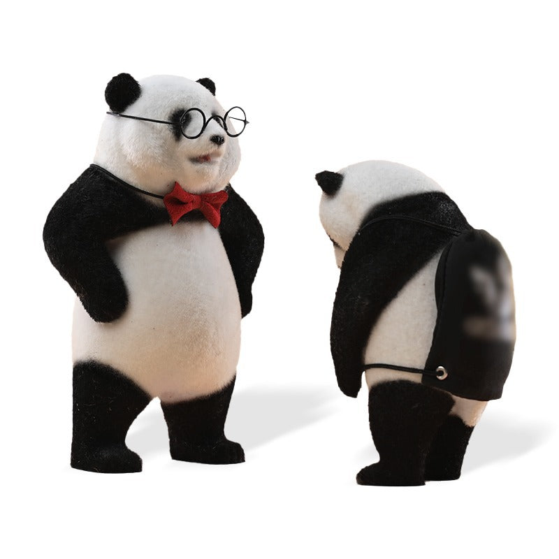 This adorable flocked panda figurine features a realistic texture, handcrafted details, and a soft-touch surface. It includes removable accessories like a bow tie, glasses, and a backpack, making it a customizable collectible. Made from high-quality resin, cloth, and metal, this panda sculpture is a perfect home decor piece or gift for panda lovers.