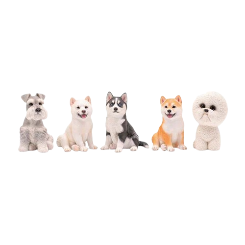 A collection of small dog models featuring a Husky, Shiba Inu, Schnauzer, and Bichon. Each model captures the lifelike details and distinct characteristics of these beloved dog breeds, making them perfect for dog lovers and collectors.
