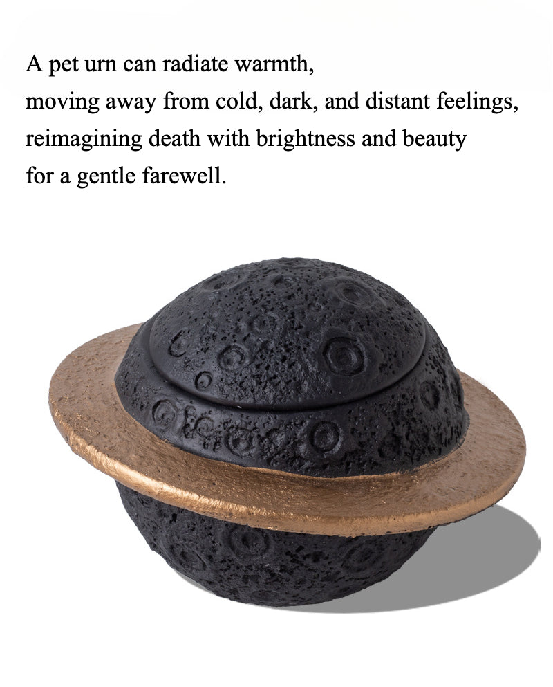 Discover the Pink Saturn-Shaped Pet Urn, a heartfelt memorial ashes holder crafted from durable Portland cement for North American pet owners. This whimsical planet-inspired design in soft pink, complete with a gold ring and textured craters, offers secure storage for up to 400ml of ashes from small pets. Measuring 16.5cm wide and 11cm tall, it weighs 1010g and fits perfectly on shelves or mantels, blending seamlessly into home decor. Ideal for cat or dog lovers seeking a unique tribute, it addresses grief 