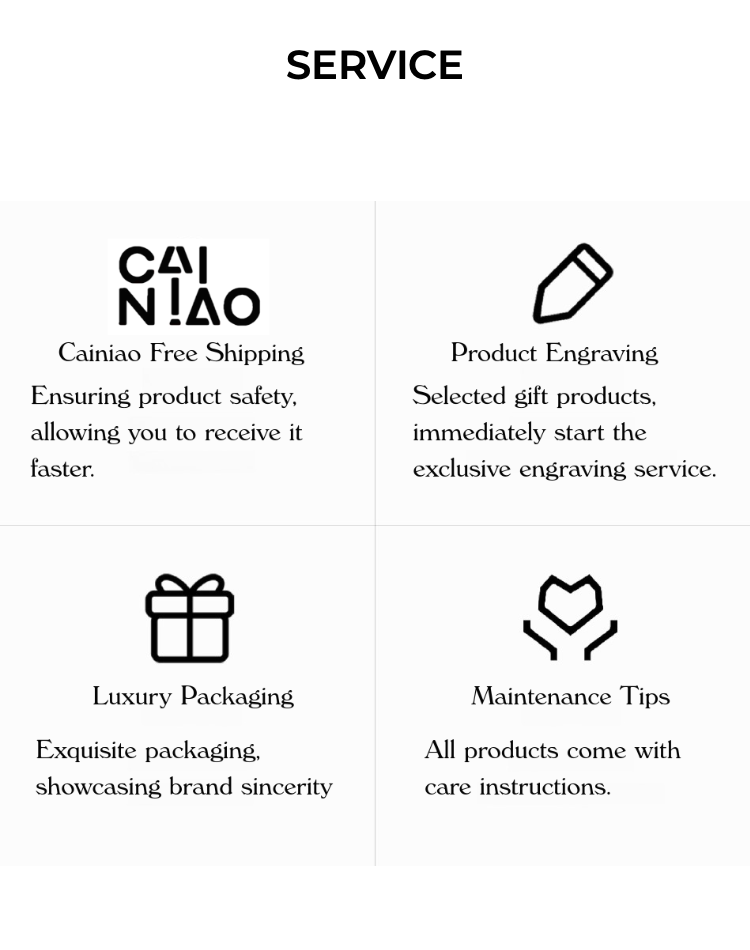 Service options including Cainiao free shipping, product engraving, luxury packaging, and maintenance tips. The image highlights the convenience and additional services provided with the purchase of custom jewelry.