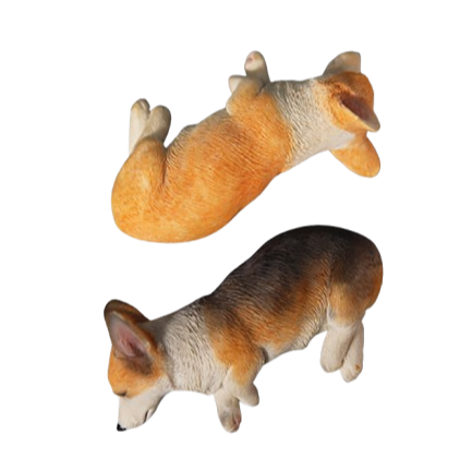 A realistic figurine of a Side Sleeping Corgi Dog Model showcasing two adorable Corgi dogs in a peaceful, side-sleeping position. The detailed fur texture and natural coloring make it a charming decorative piece for dog lovers.