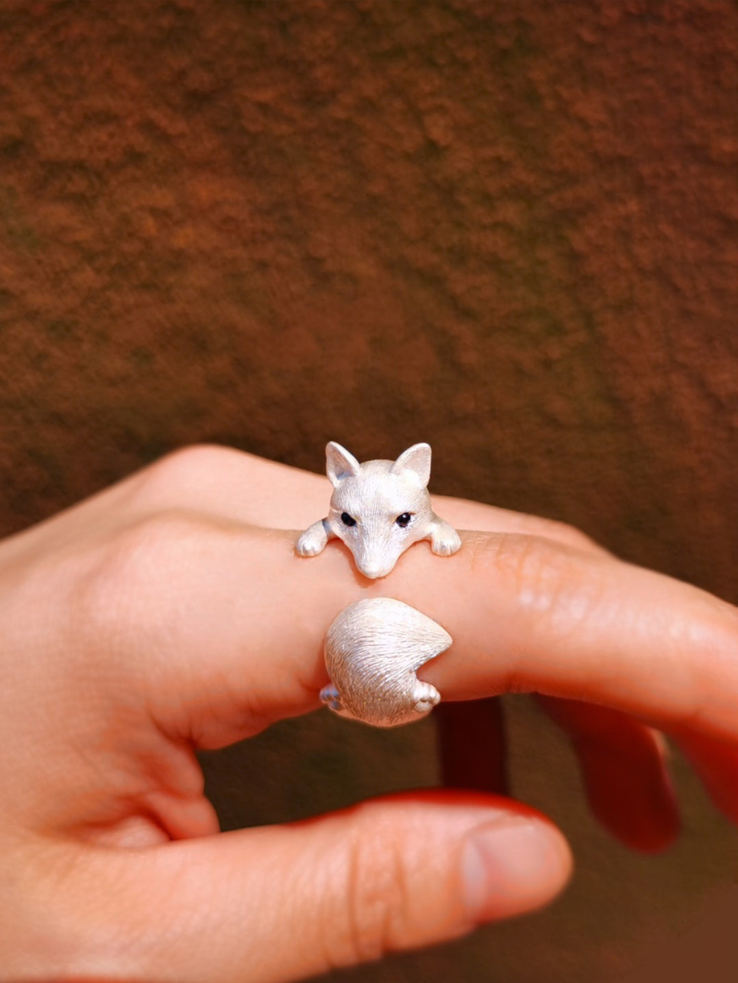 Sterling Silver Fox and Rose Ring featuring detailed fur and petal designs, with gemstone eyes in a secure bezel setting, handcrafted from solid 925 sterling silver, available in silver and antique black finishes, showcasing artisan craftsmanship and unique, customizable design.