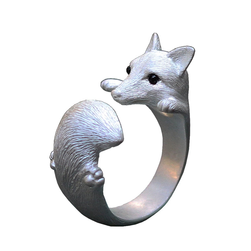 Sterling Silver Fox and Rose Ring featuring detailed fur and petal designs, with gemstone eyes in a secure bezel setting, handcrafted from solid 925 sterling silver, available in silver and antique black finishes, showcasing artisan craftsmanship and unique, customizable design.