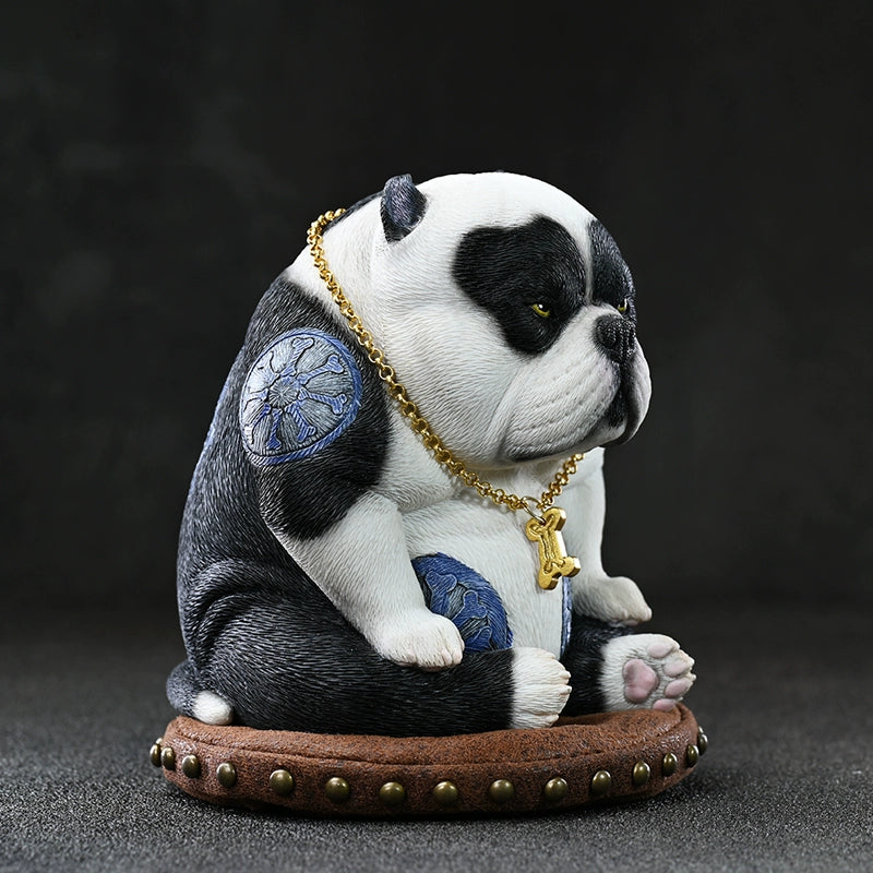 Close-up view of a handcrafted Street Fighter Pug Dog Model, featuring detailed carvings, a gold chain, and tattooed design, set against a dark background. Perfect for collectors and dog lovers.