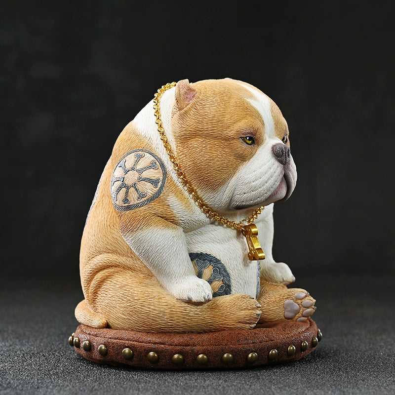 Close-up view of a handcrafted Street Fighter Pug Dog Model, featuring detailed carvings, a gold chain, and tattooed design, set against a dark background. Perfect for collectors and dog lovers.