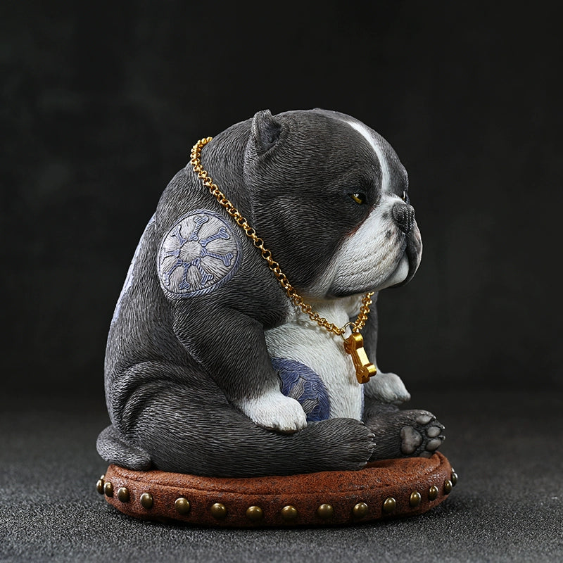 Close-up view of a handcrafted Street Fighter Pug Dog Model, featuring detailed carvings, a gold chain, and tattooed design, set against a dark background. Perfect for collectors and dog lovers.