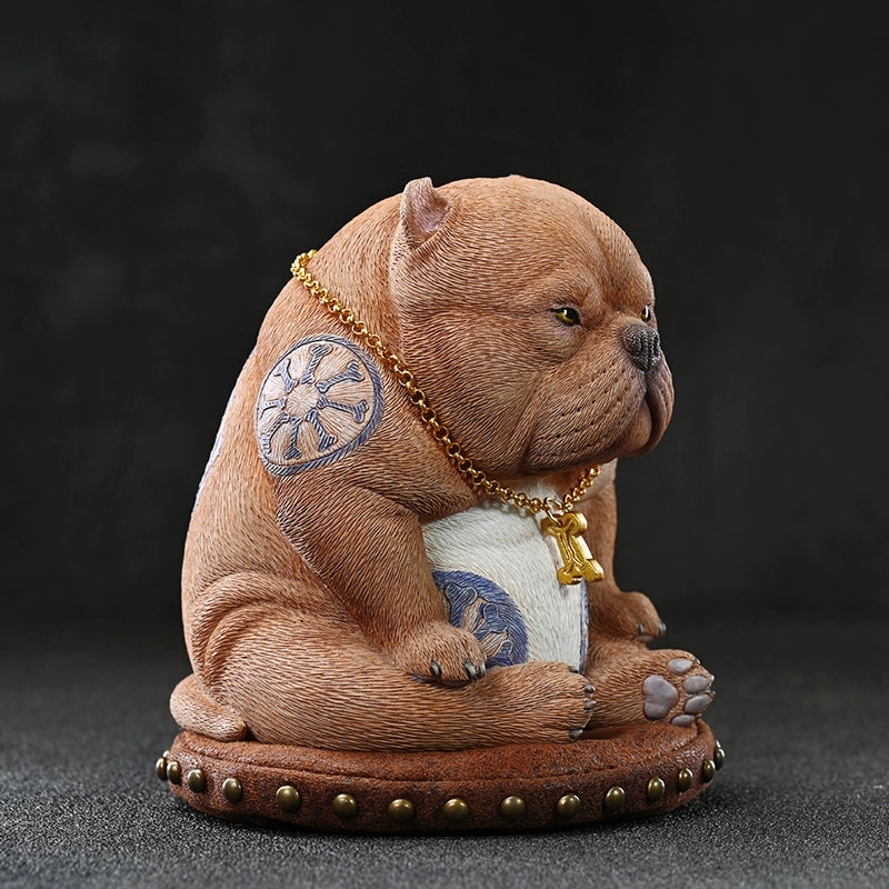 Close-up view of a handcrafted Street Fighter Pug Dog Model, featuring detailed carvings, a gold chain, and tattooed design, set against a dark background. Perfect for collectors and dog lovers.