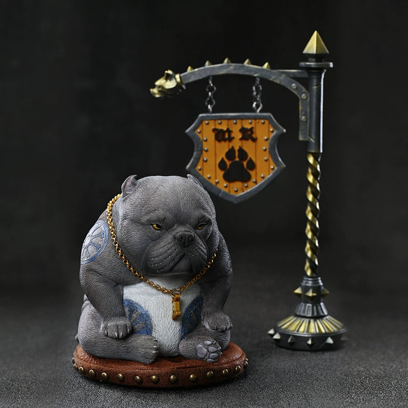 Close-up view of a handcrafted Street Fighter Pug Dog Model, featuring detailed carvings, a gold chain, and tattooed design, set against a dark background. Perfect for collectors and dog lovers.