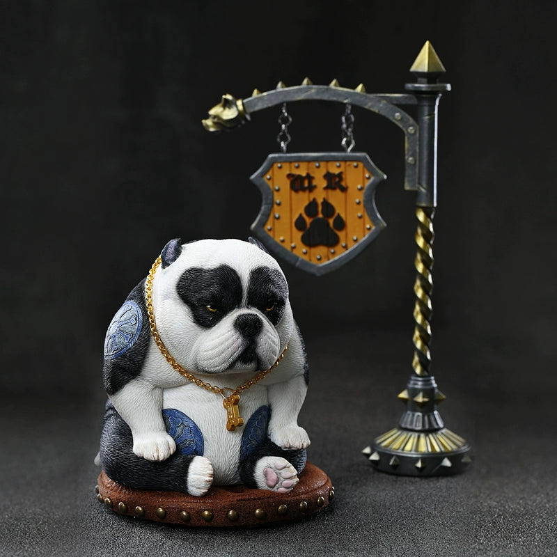 Close-up view of a handcrafted Street Fighter Pug Dog Model, featuring detailed carvings, a gold chain, and tattooed design, set against a dark background. Perfect for collectors and dog lovers.