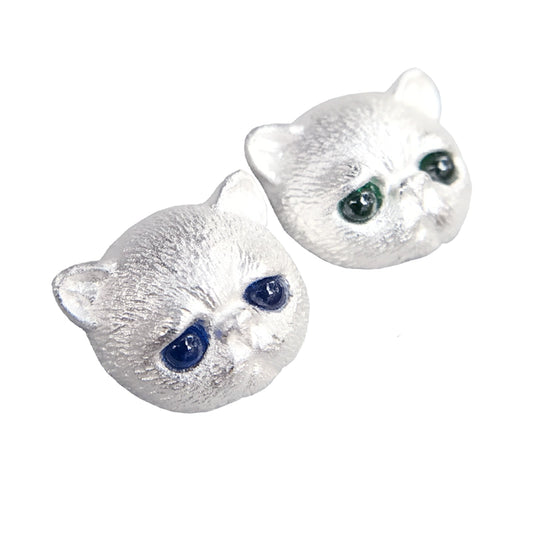 Adorable Kitten Face Earrings - Customizable Sterling Silver Cat Studs with Gemstone Eyes.