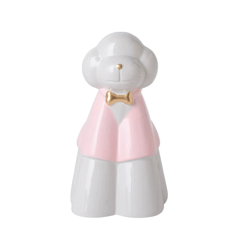 This pink poodle ceramic pet urn features an elegant design with a gold bow tie accent, standing 20.5cm tall, 12.5cm wide, and 11.5cm deep, holding 850ml of ashes. Weighing 589g, it’s perfect for North American pet owners memorializing medium-sized pets like dogs or cats, offering secure storage and a refined display for home shelves or mantels.
