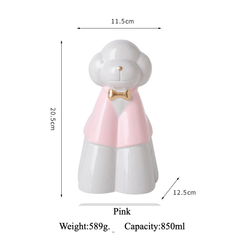 This pink poodle ceramic pet urn features an elegant design with a gold bow tie accent, standing 20.5cm tall, 12.5cm wide, and 11.5cm deep, holding 850ml of ashes. Weighing 589g, it’s perfect for North American pet owners memorializing medium-sized pets like dogs or cats, offering secure storage and a refined display for home shelves or mantels.