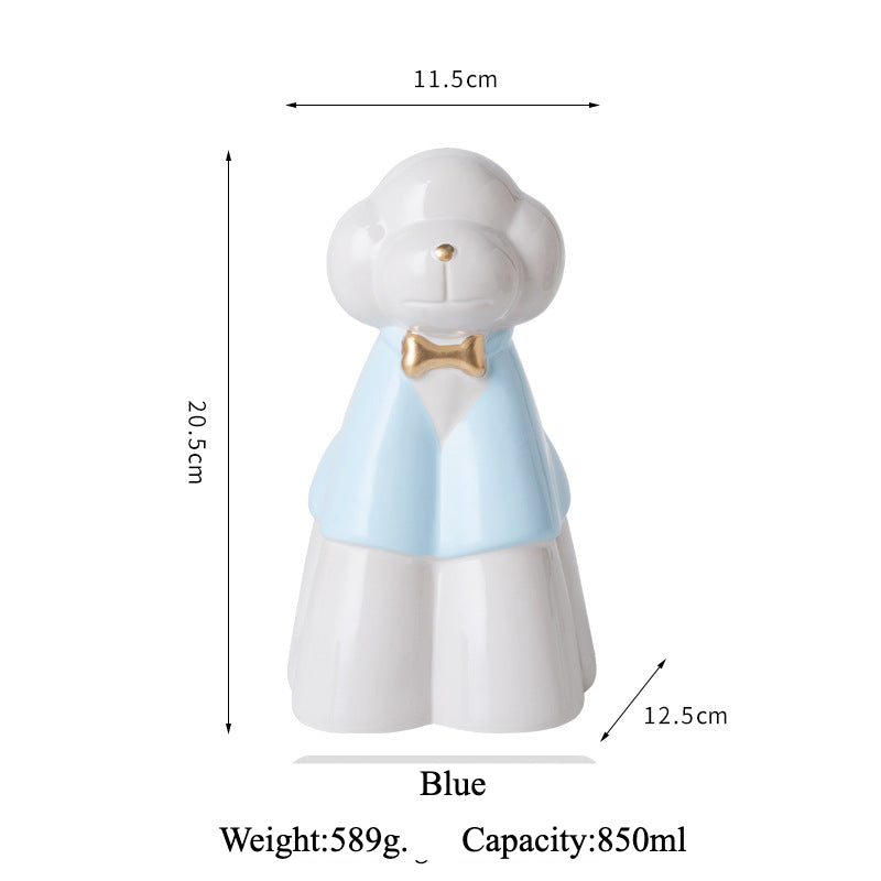 This pink poodle ceramic pet urn features an elegant design with a gold bow tie accent, standing 20.5cm tall, 12.5cm wide, and 11.5cm deep, holding 850ml of ashes. Weighing 589g, it’s perfect for North American pet owners memorializing medium-sized pets like dogs or cats, offering secure storage and a refined display for home shelves or mantels.