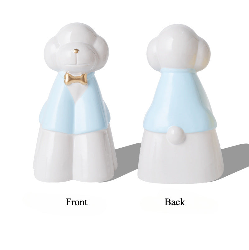 This pink poodle ceramic pet urn features an elegant design with a gold bow tie accent, standing 20.5cm tall, 12.5cm wide, and 11.5cm deep, holding 850ml of ashes. Weighing 589g, it’s perfect for North American pet owners memorializing medium-sized pets like dogs or cats, offering secure storage and a refined display for home shelves or mantels.